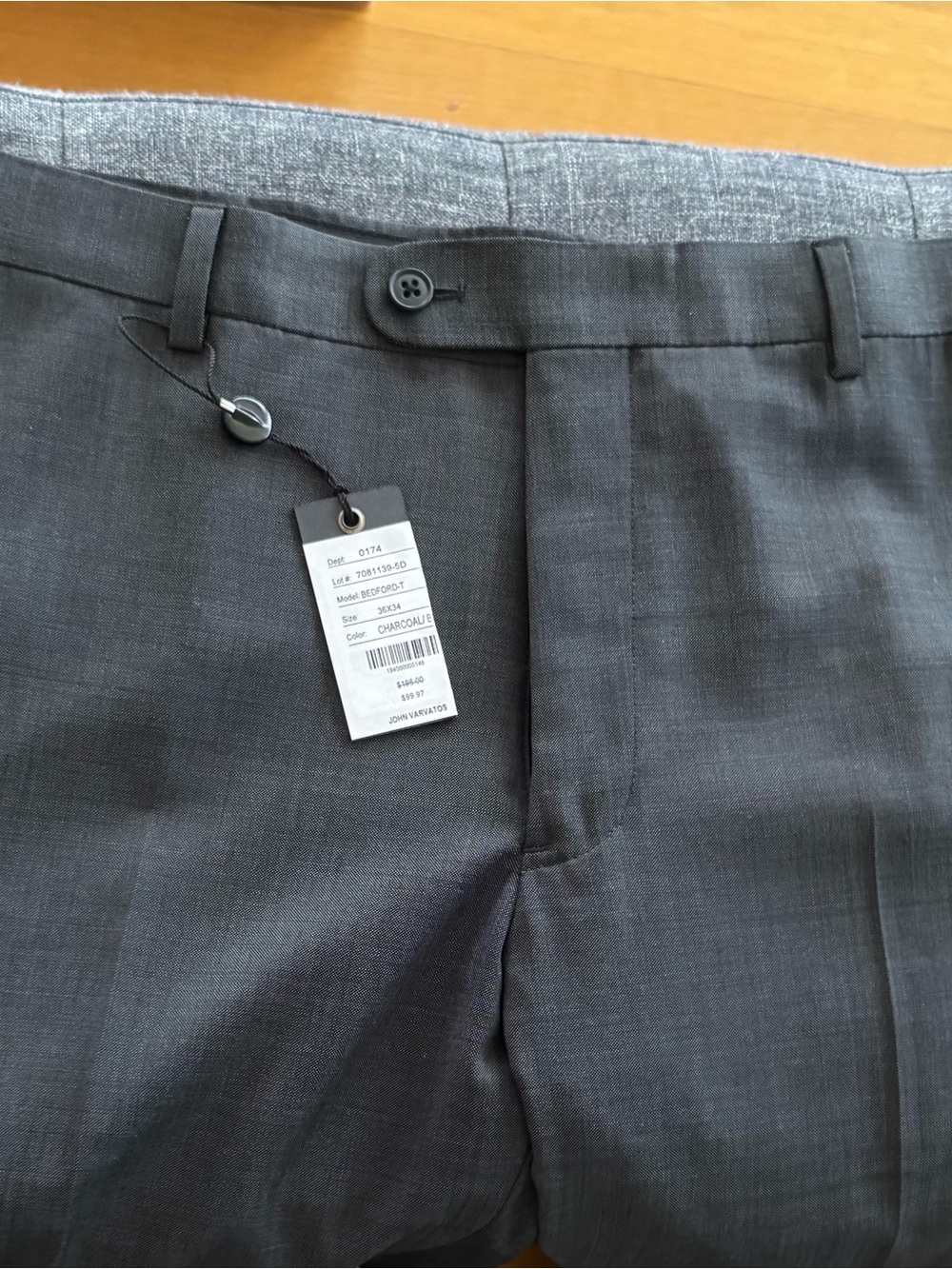 JOHN VARVATOS Men's Charcoal Dress Pants - Classic Tailored Fit. 36x34 NWT